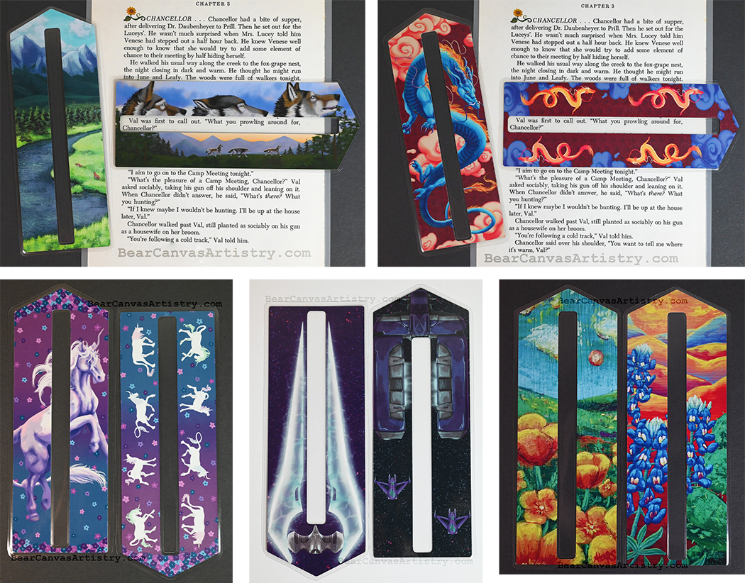 Collage of bookmarks with original artwork on them.